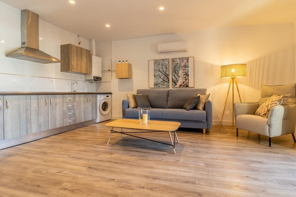 Kitchen or kitchenette, Living room, Dining area, washing machine, air conditioner