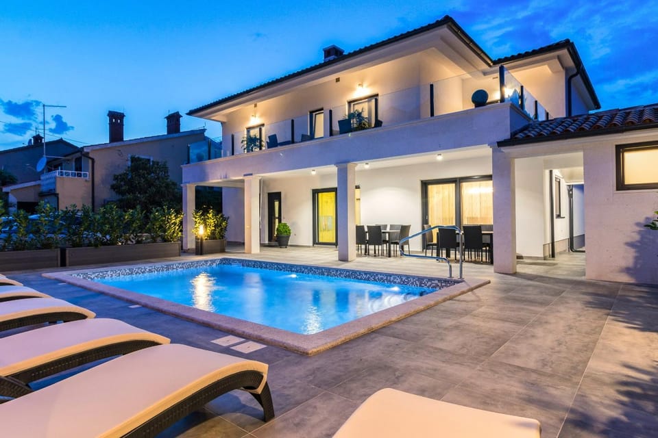 Property building, Facade/entrance, Night, Summer, Swimming pool, Swimming pool