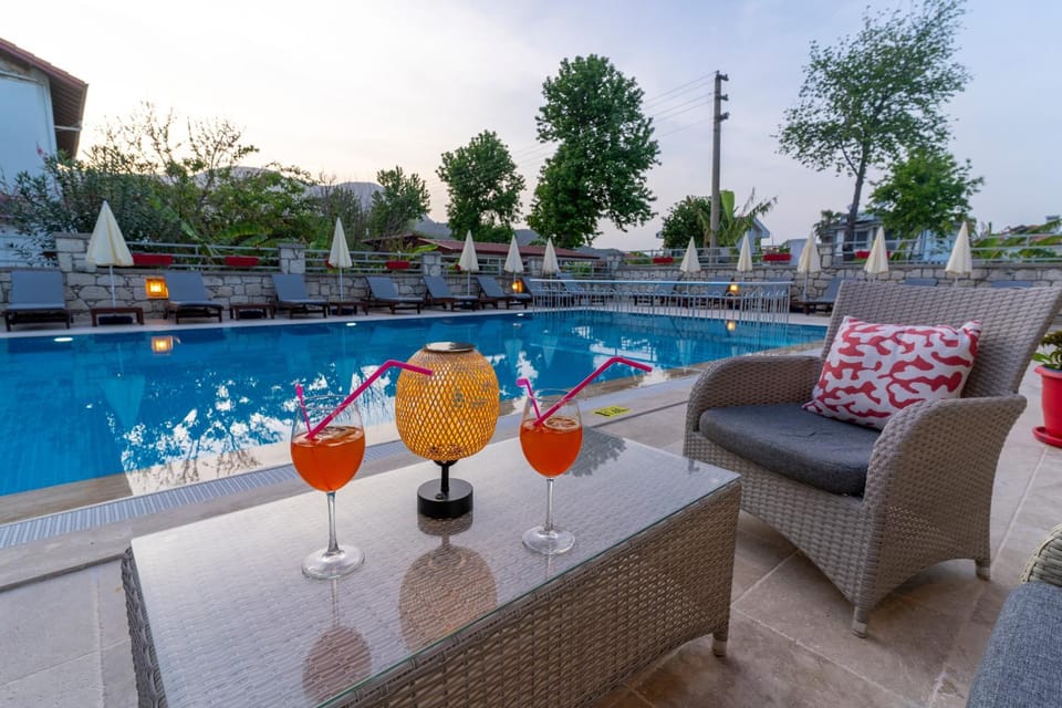Patio, Food and drinks, Seating area, Pool view, Swimming pool, Drinks, sunbed