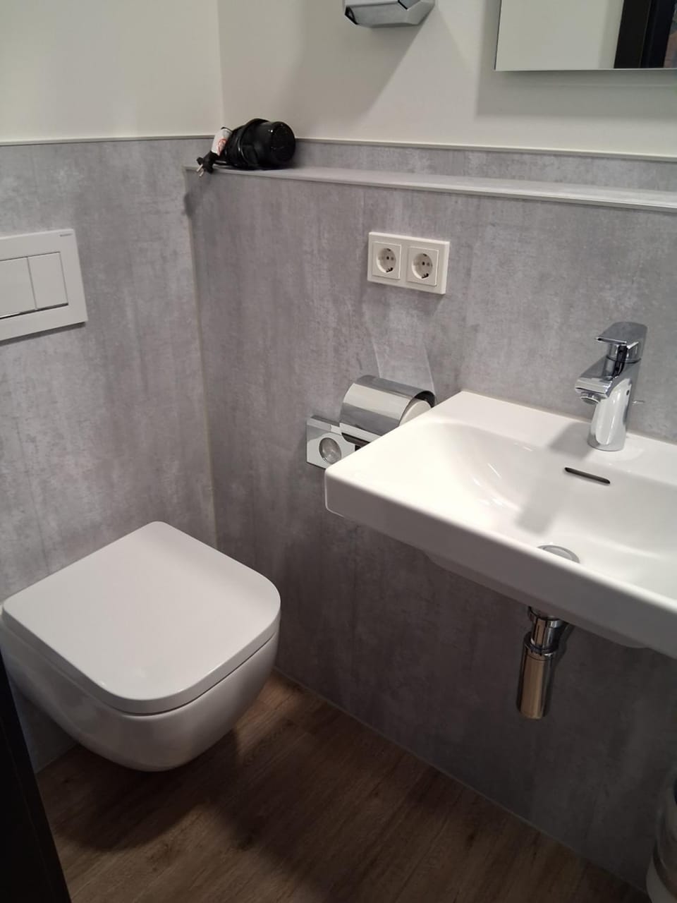 Toilet, Bathroom, hair dryier, towels