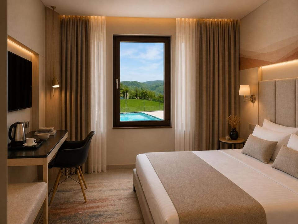 Bed, Natural landscape, Photo of the whole room, Bedroom, Pool view