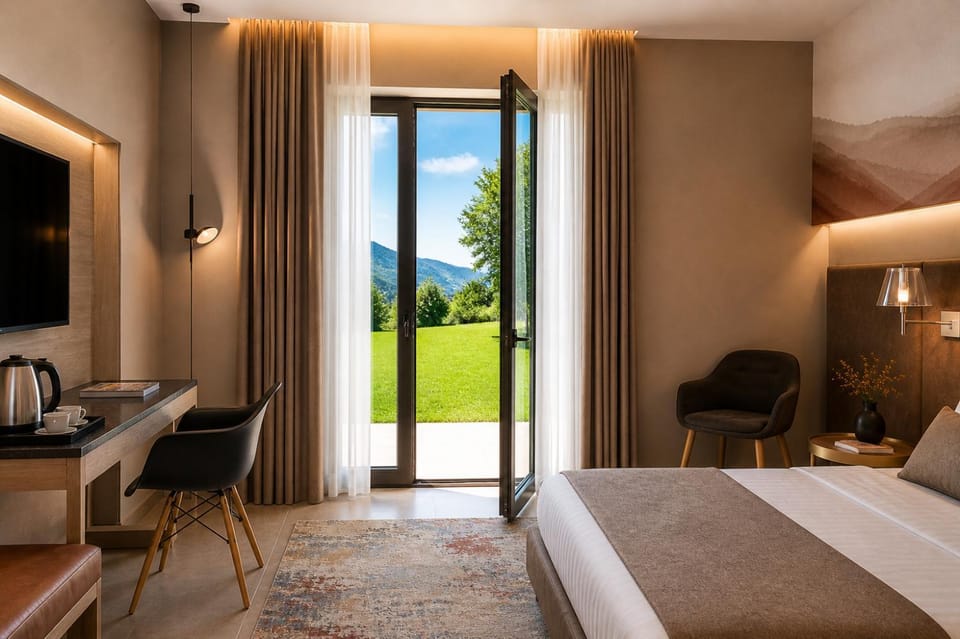 Bed, Natural landscape, Coffee/tea facilities, Bedroom, Garden view