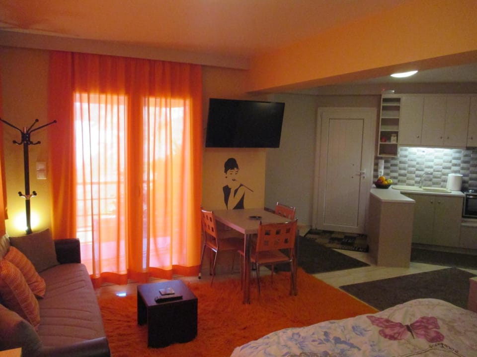 TV and multimedia, Kitchen or kitchenette, Living room, Photo of the whole room, Seating area, Dining area