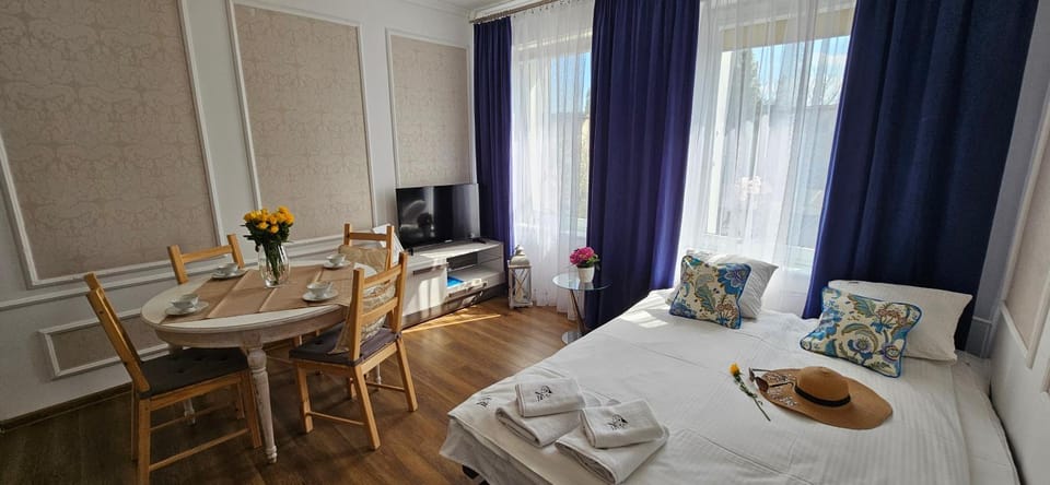 Bed, TV and multimedia, Living room, Food and drinks, Photo of the whole room, Seating area, Dining area, Bedroom, Food, towels