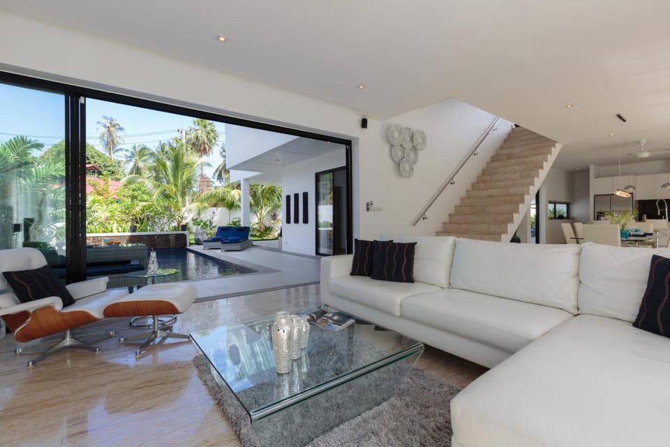 Living room, Seating area, Pool view