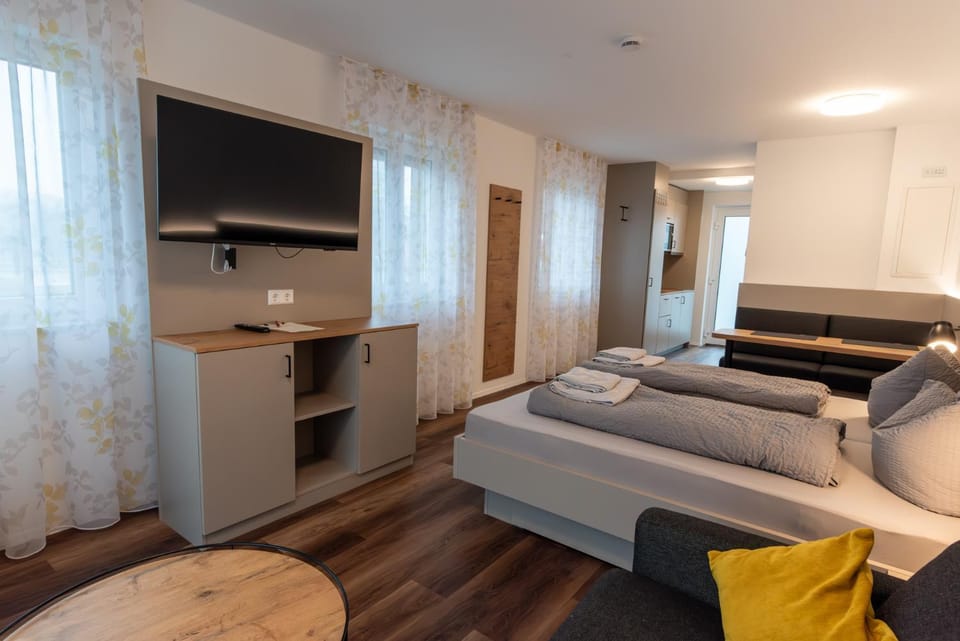 Bed, TV and multimedia, Kitchen or kitchenette, Photo of the whole room, Seating area, Evening entertainment, Bedroom