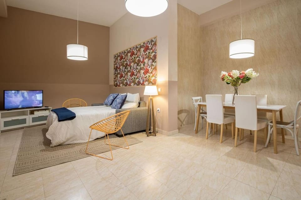 Bed, Living room, Dining area
