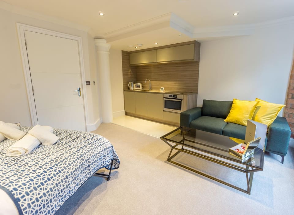 Bed, TV and multimedia, Kitchen or kitchenette, Living room, Seating area, Bedroom