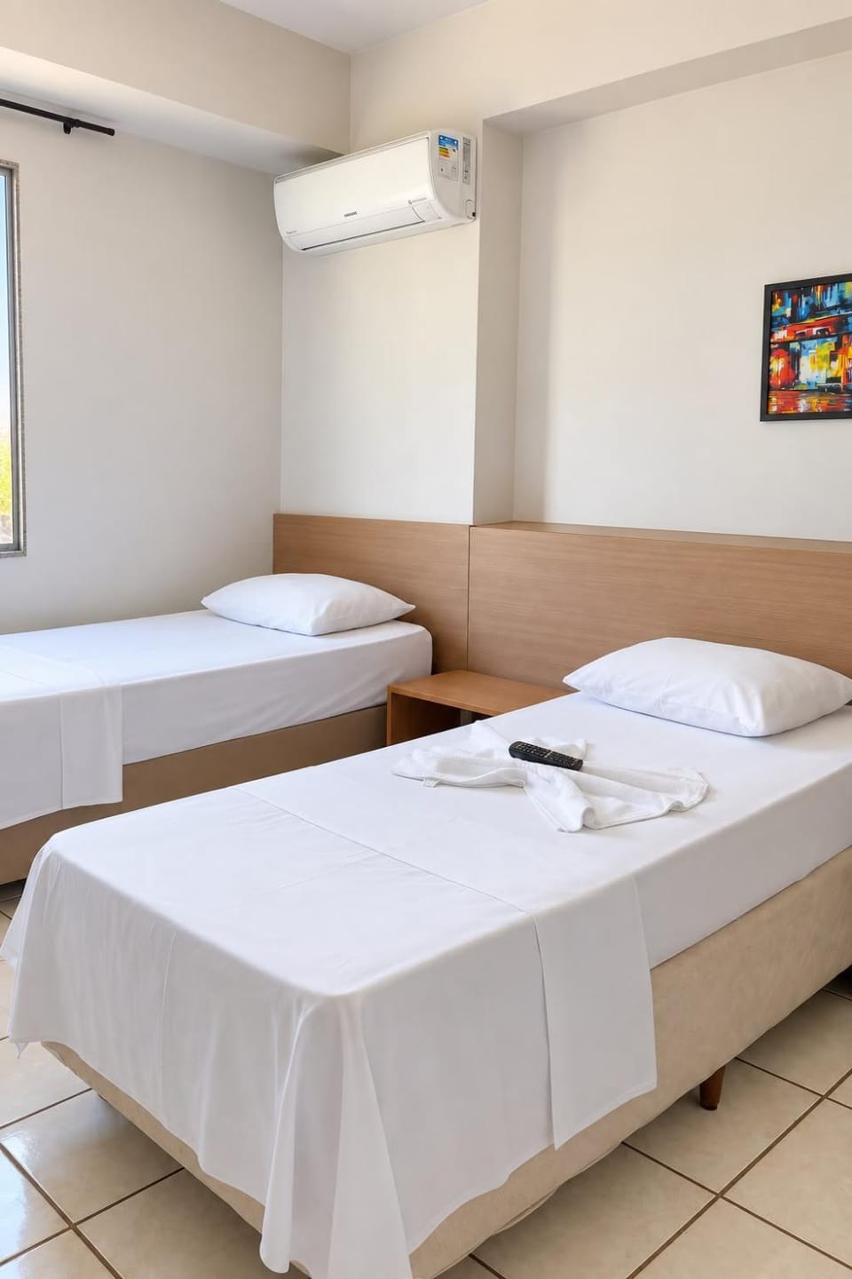 Bed, Photo of the whole room, Bedroom, towels, air conditioner