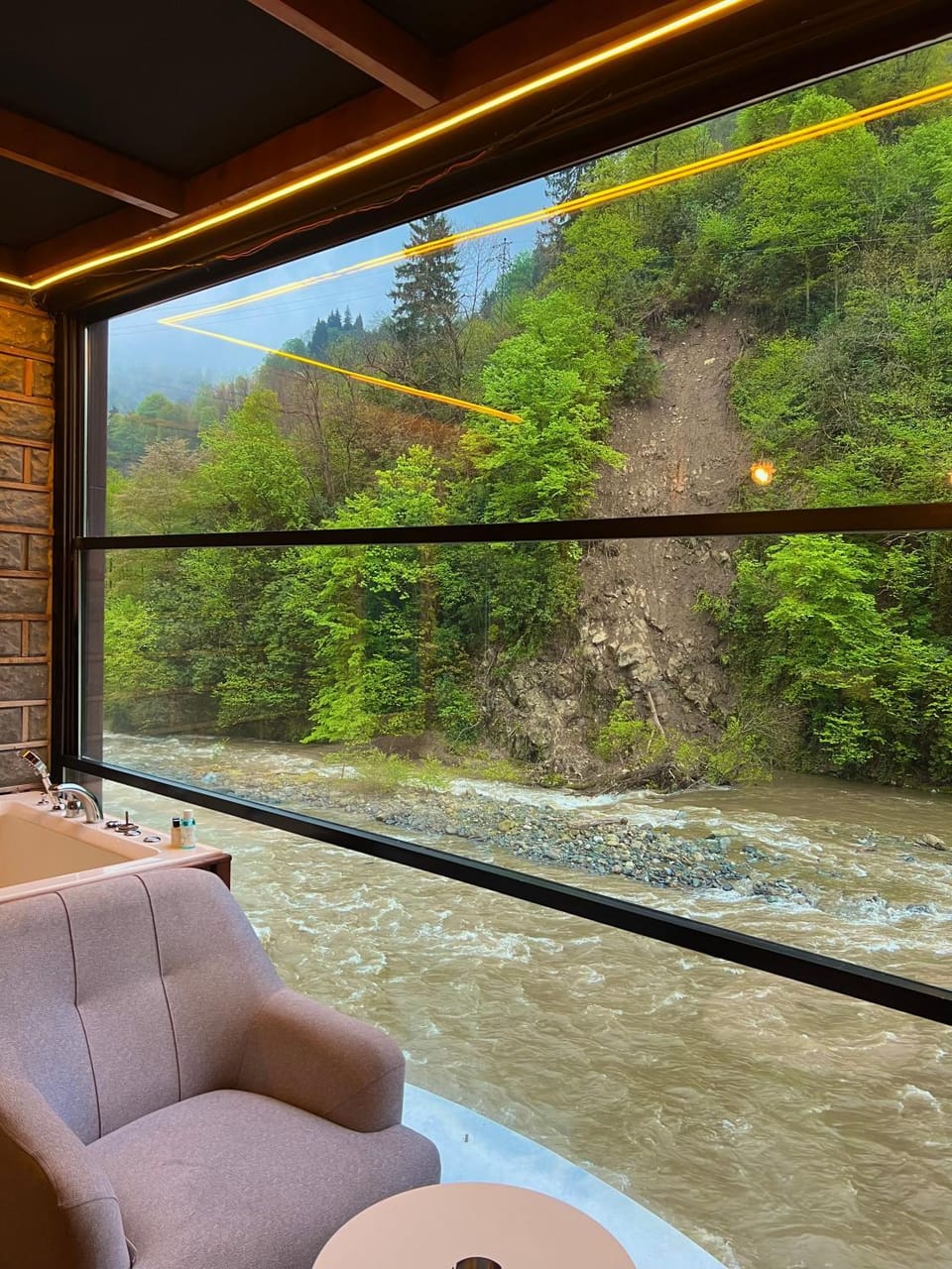 Spring, Day, Natural landscape, Living room, Seating area, Lake view, Mountain view, River view, River view, fireplace, fireplace