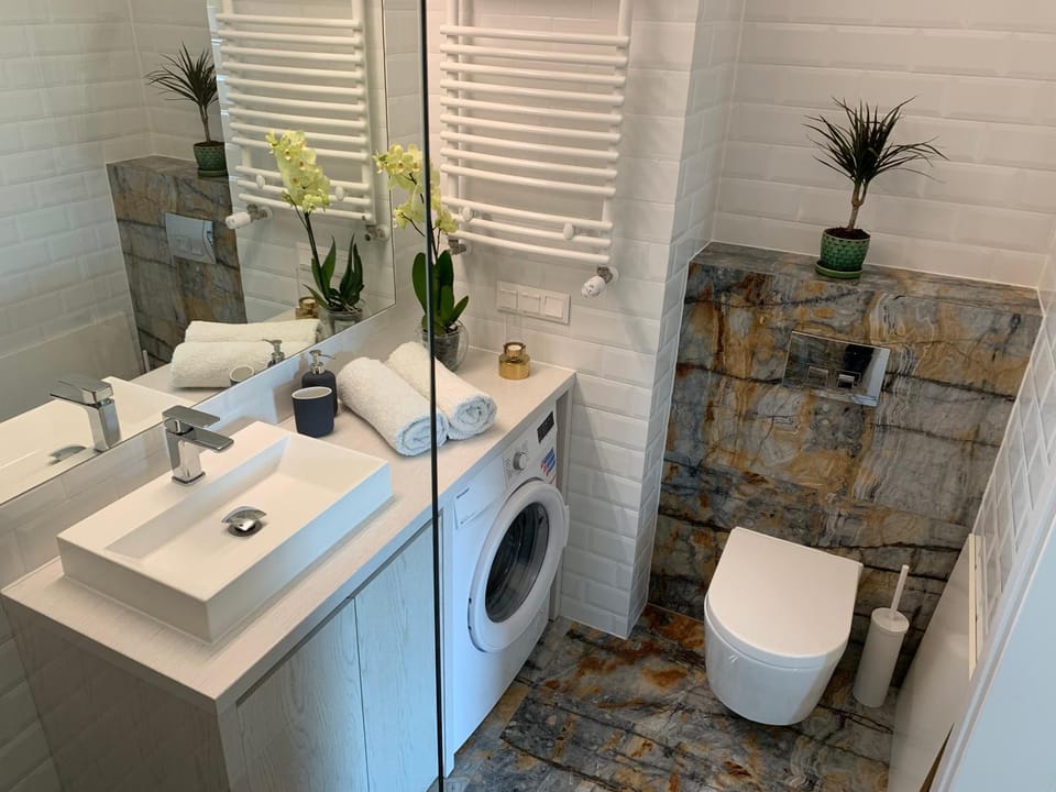 Toilet, Bathroom, towels, washing machine