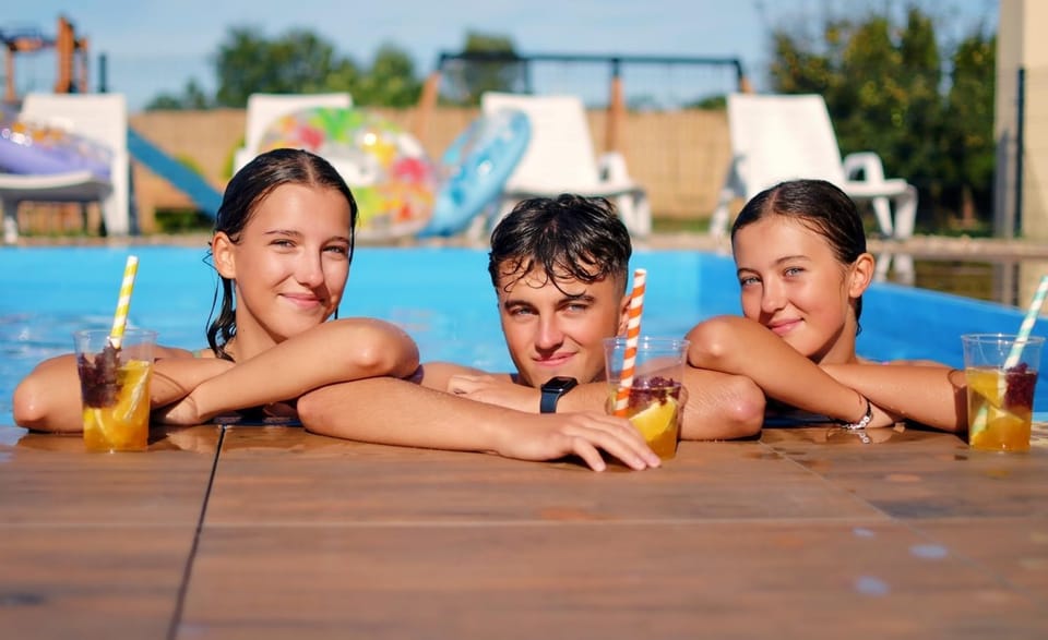 Pool view, group of guests