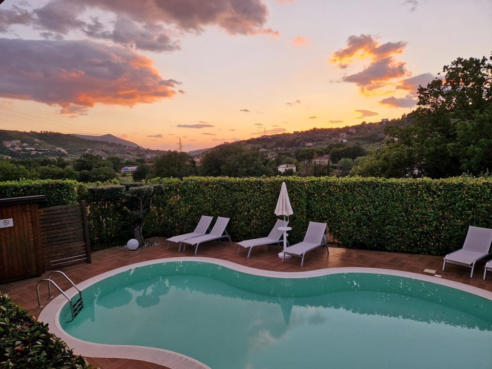 Natural landscape, Mountain view, Pool view, Swimming pool, Sunset, sunbed