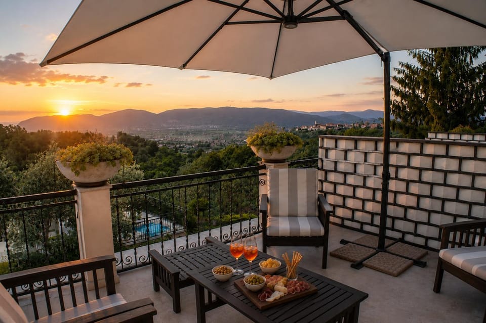 Natural landscape, Balcony/Terrace, Mountain view, Swimming pool, Sunset