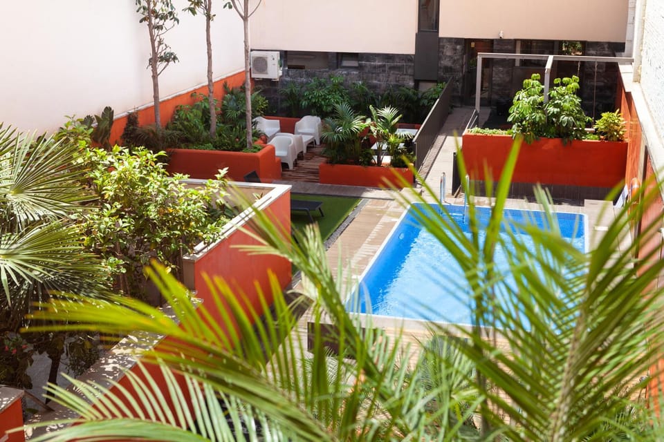 Patio, Staff, People, Bird's eye view, Garden, Balcony/Terrace, City view, Garden view, Pool view, Swimming pool, Family