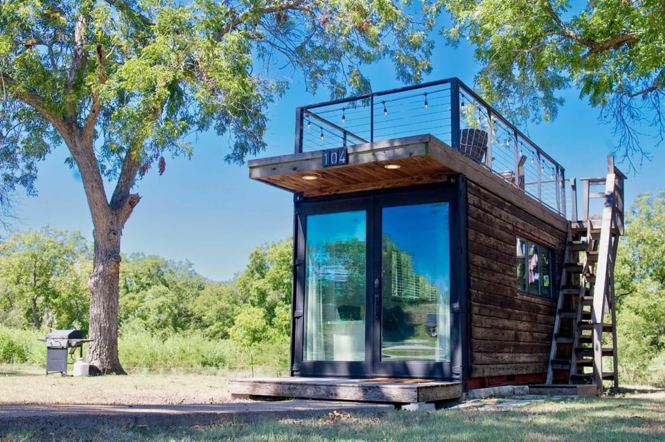 Elegant Container Tiny House Yellow & Blue House in Waco