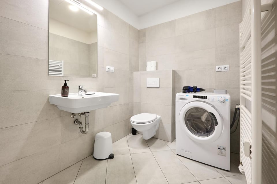Toilet, Bathroom, hair dryier, washing machine