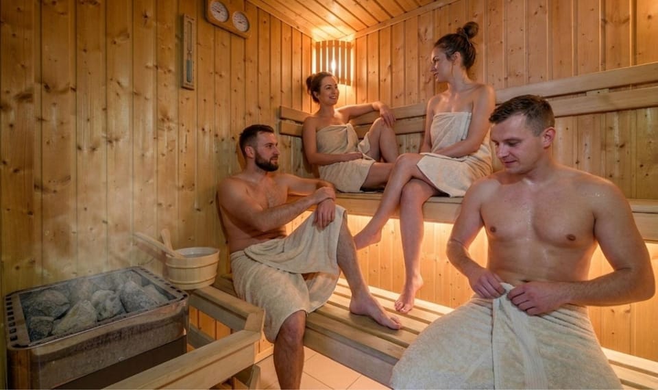 People, Sauna, group of guests, towels