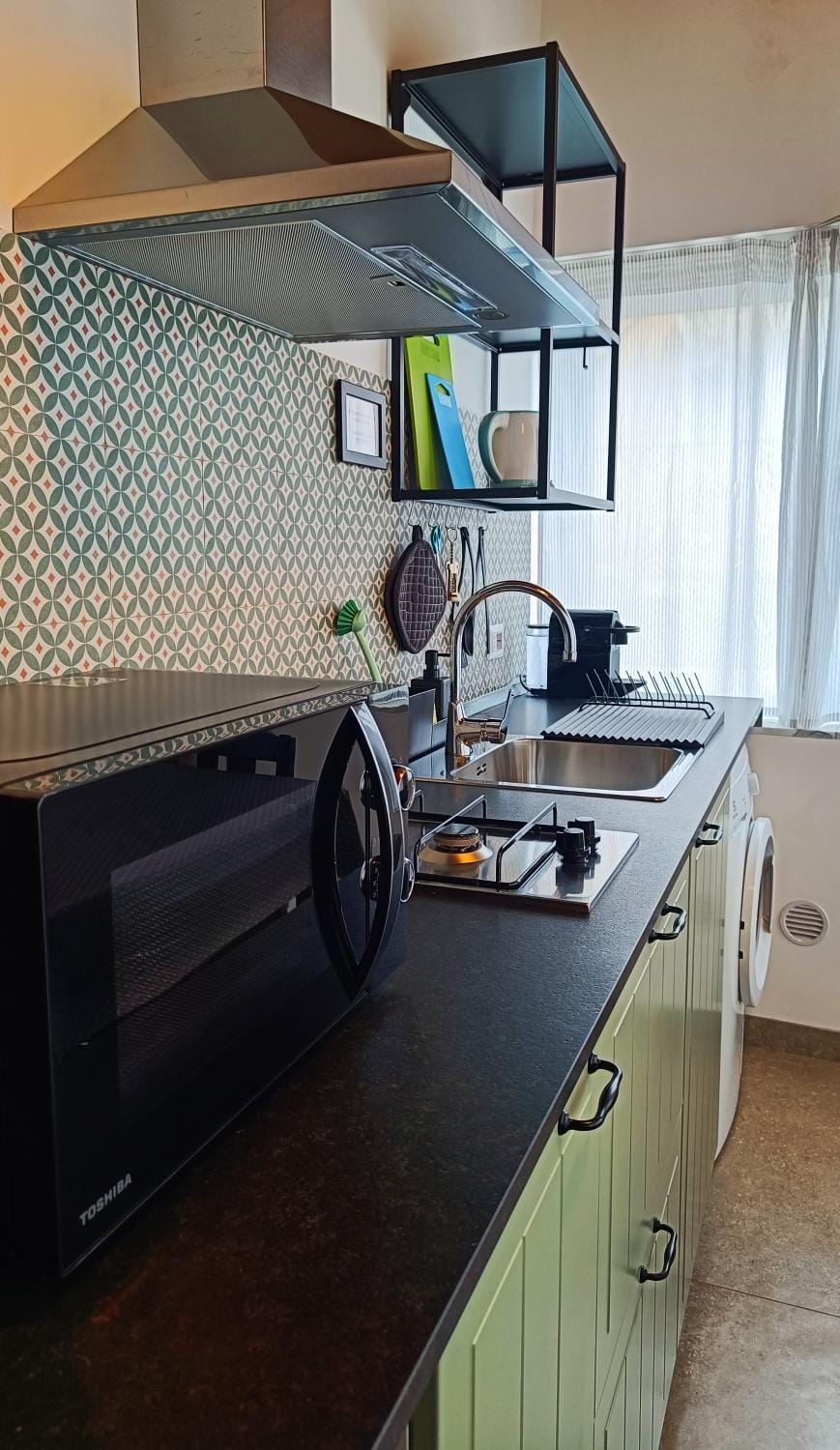 Kitchen or kitchenette, microwave, stove, washing machine