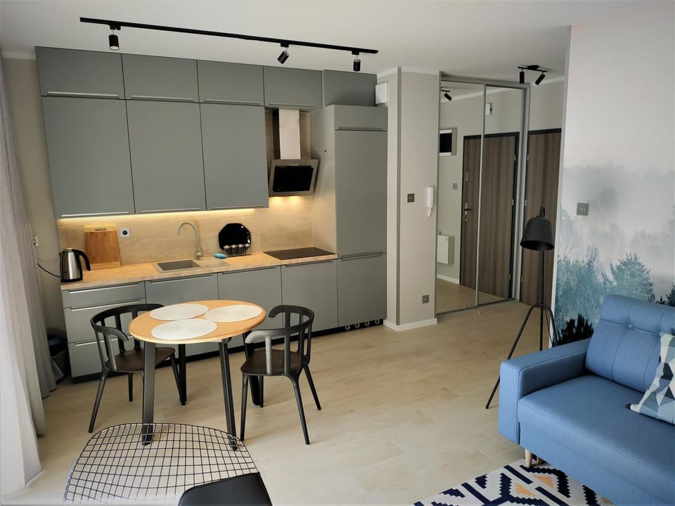 Kitchen or kitchenette, Living room, Seating area, Dining area