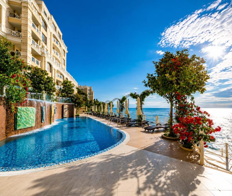 Property building, Nearby landmark, Day, Natural landscape, Pool view, Sea view, Swimming pool