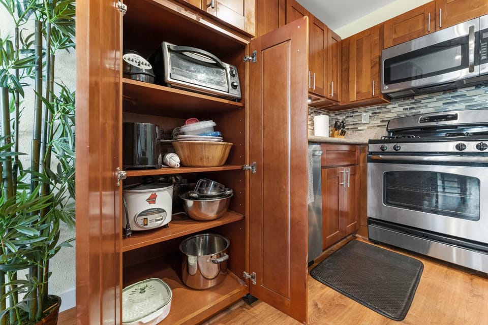 Kitchen or kitchenette, microwave, oven, stove, toaster