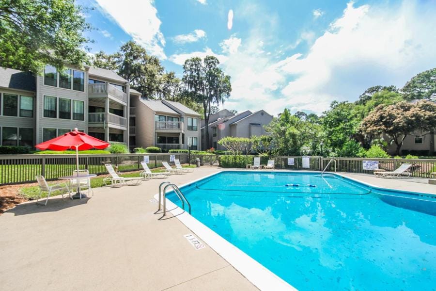Property building, Patio, Garden, Swimming pool