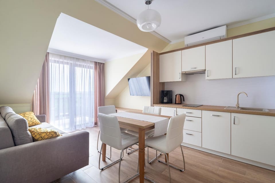 Kitchen or kitchenette, Living room, Seating area, Dining area