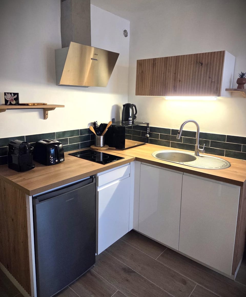 Kitchen or kitchenette, dishwasher, stove, toaster