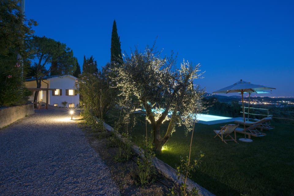 Property building, Night, Garden, Garden view, Pool view, Swimming pool