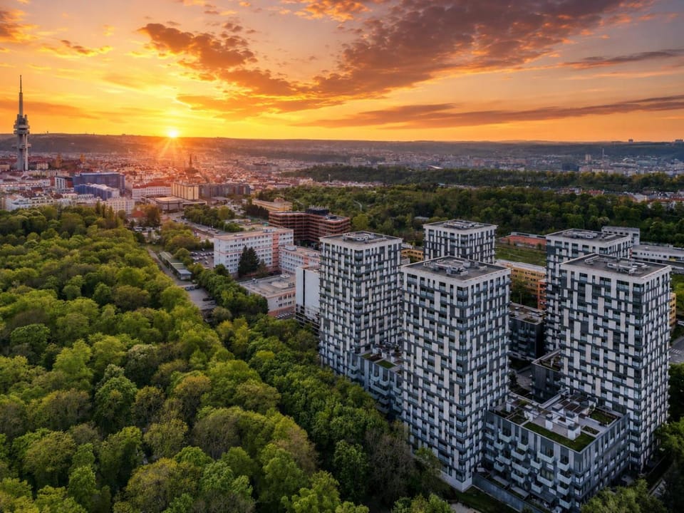 Property building, Nearby landmark, Natural landscape, Bird's eye view, City view, Location, Sunset