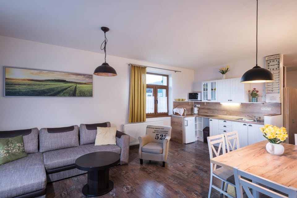 Kitchen or kitchenette, Living room, Seating area, Dining area, stove