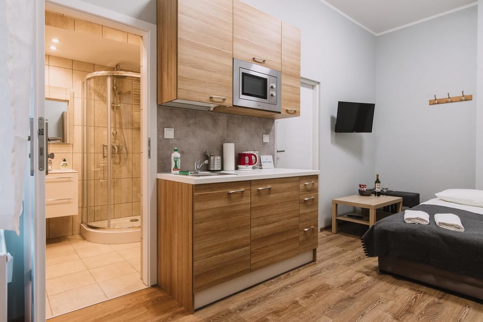 Shower, Bathroom, TV and multimedia, Kitchen or kitchenette, Photo of the whole room, Bedroom, towels