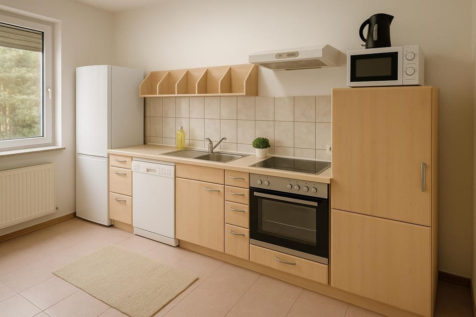 Kitchen or kitchenette, dishwasher, oven, stove