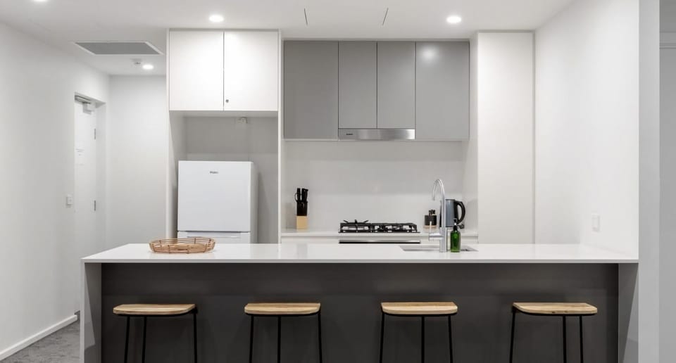 Kitchen or kitchenette, stove