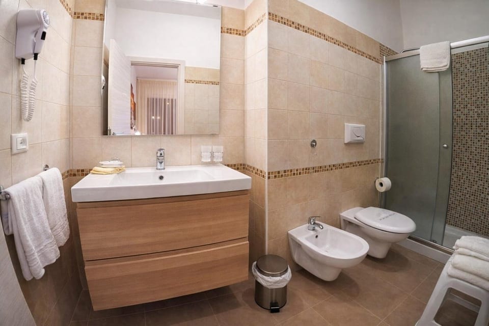 Shower, Toilet, Bathroom, bidet, hair dryier, towels