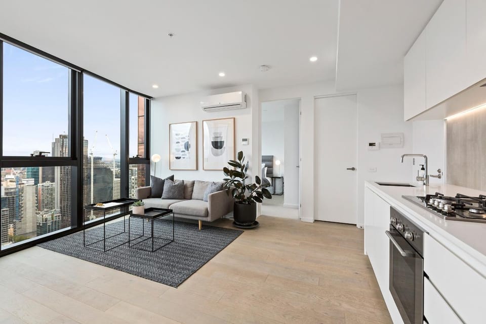 Kitchen or kitchenette, Living room, Seating area, City view