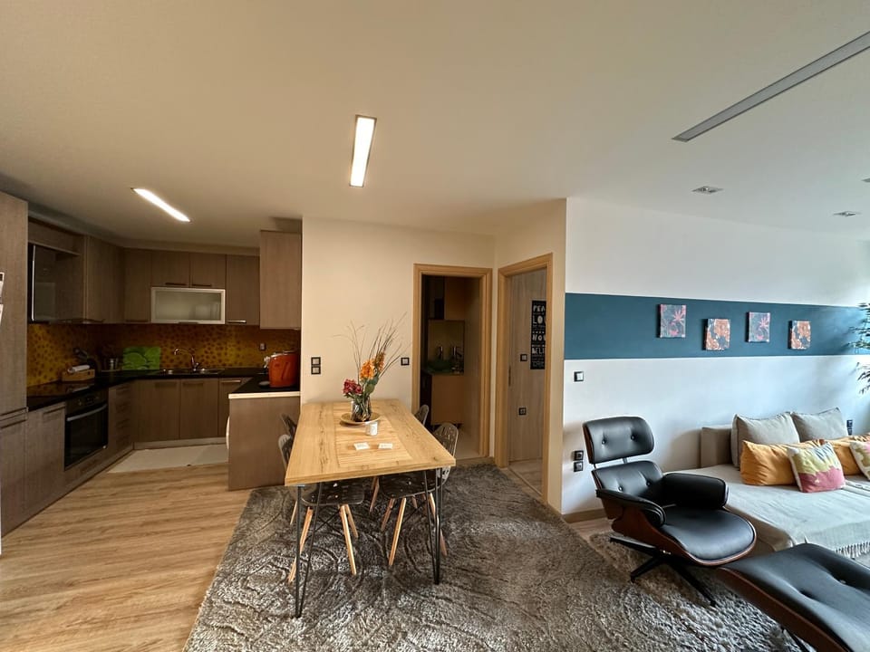 Kitchen or kitchenette, Living room, Seating area, Dining area, stove