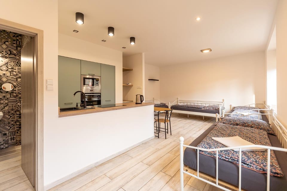 Bed, kitchen