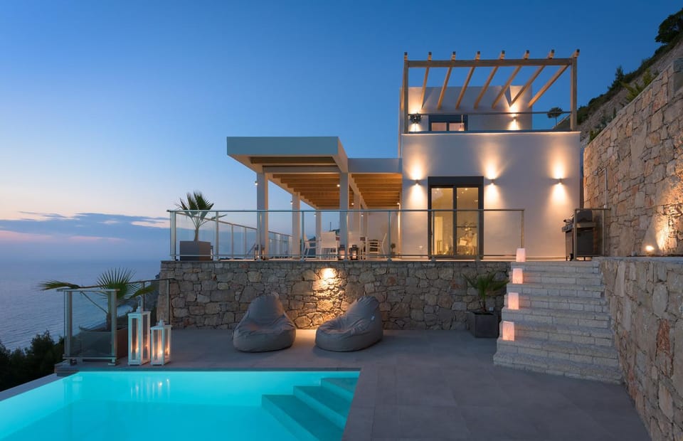 Property building, Patio, BBQ facilities, Balcony/Terrace, Beach, Pool view, Sea view, Swimming pool, Sunset