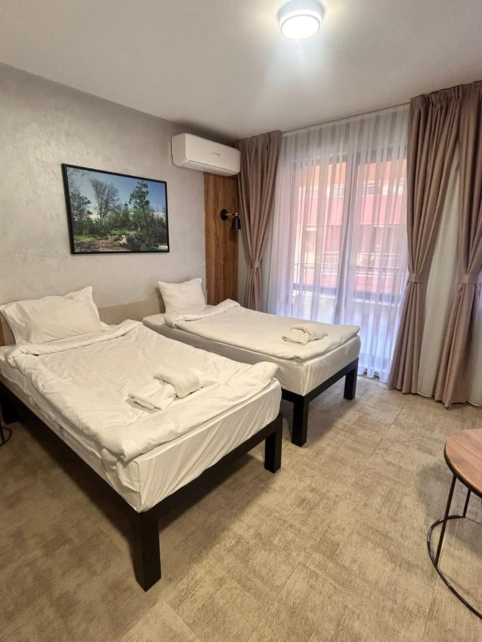 Bed, Photo of the whole room, Bedroom, towels, air conditioner
