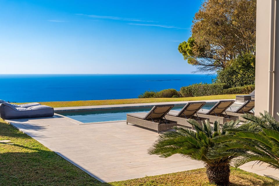 Patio, Spring, Day, Natural landscape, Seating area, Pool view, Sea view, Swimming pool, sunbed