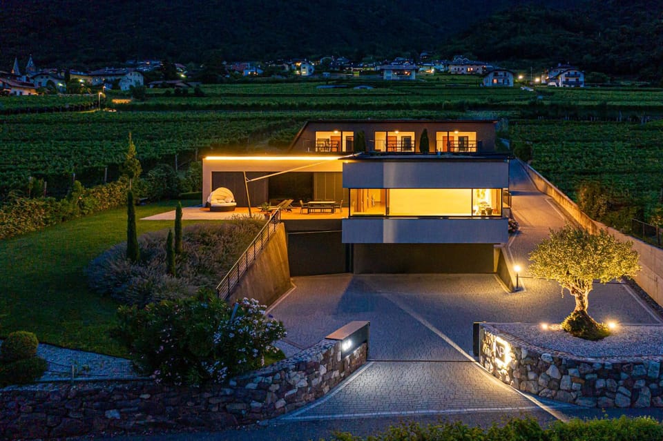 Patio, Facade/entrance, Night, Bird's eye view, Summer
