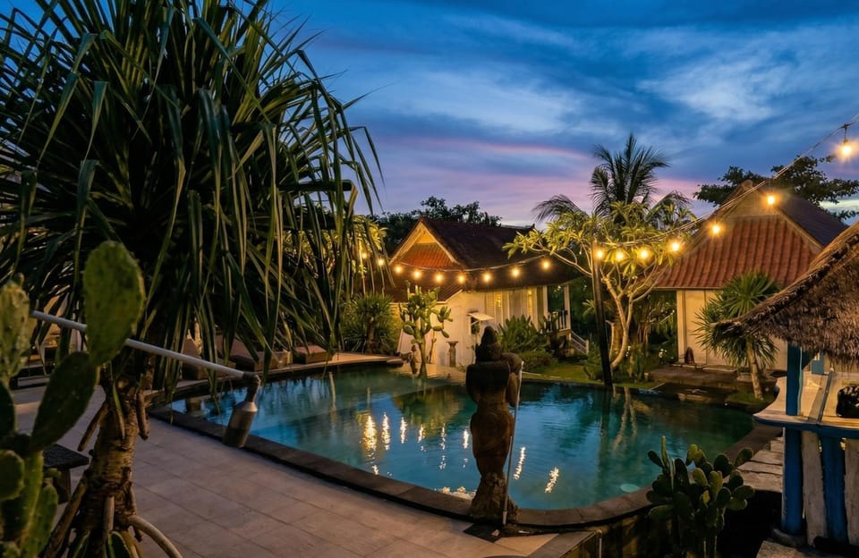 Property building, Night, Natural landscape, Swimming pool