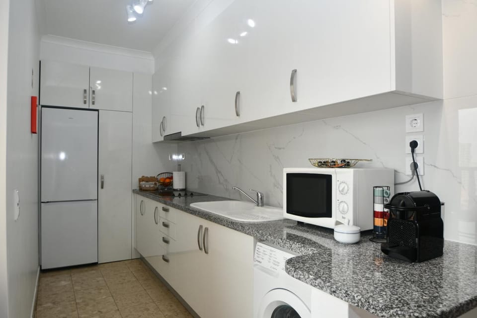 Kitchen or kitchenette, stove, toaster, washing machine