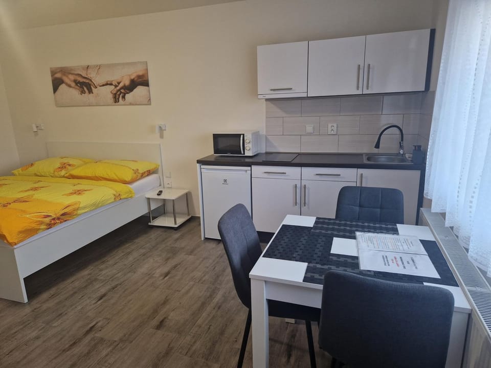 Bed, Kitchen or kitchenette, Photo of the whole room, Dining area, stove, toaster