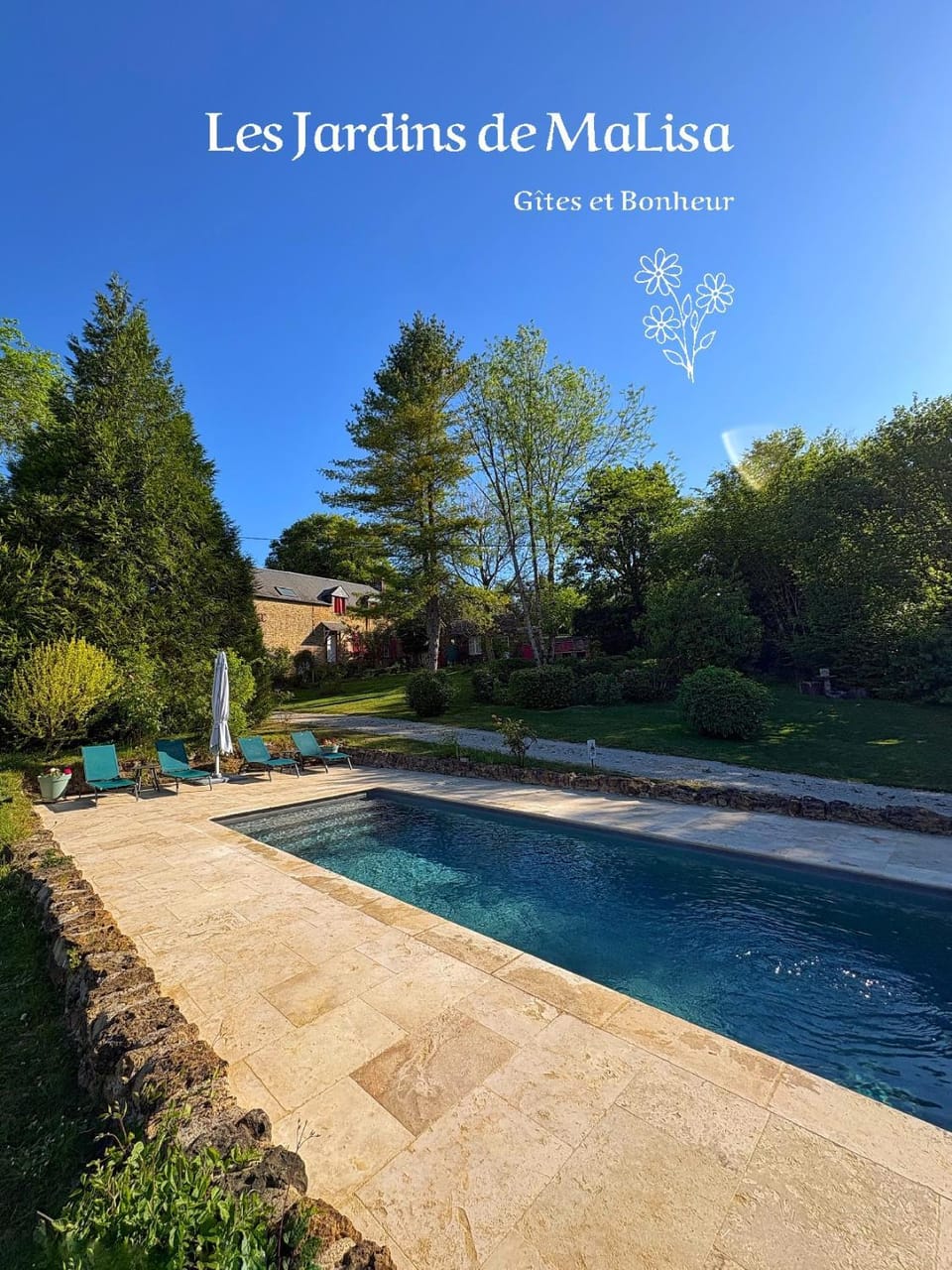 Natural landscape, Garden, Garden view, Pool view, Swimming pool, sunbed