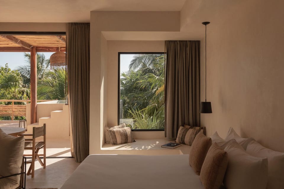 Bed, View (from property/room), Decorative detail, Bedroom, Garden view, Pool view