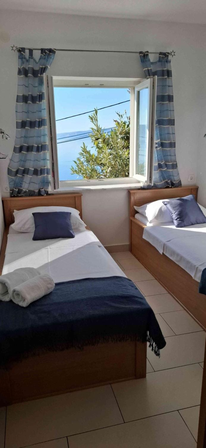 Bed, View (from property/room), Photo of the whole room, Decorative detail, Bedroom, Text overlay, Pool view, Sea view