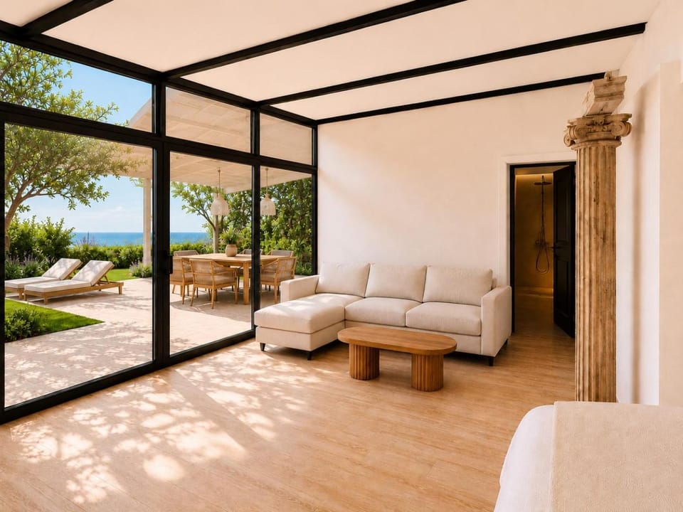 Patio, Natural landscape, Living room, Photo of the whole room, Seating area, Sea view
